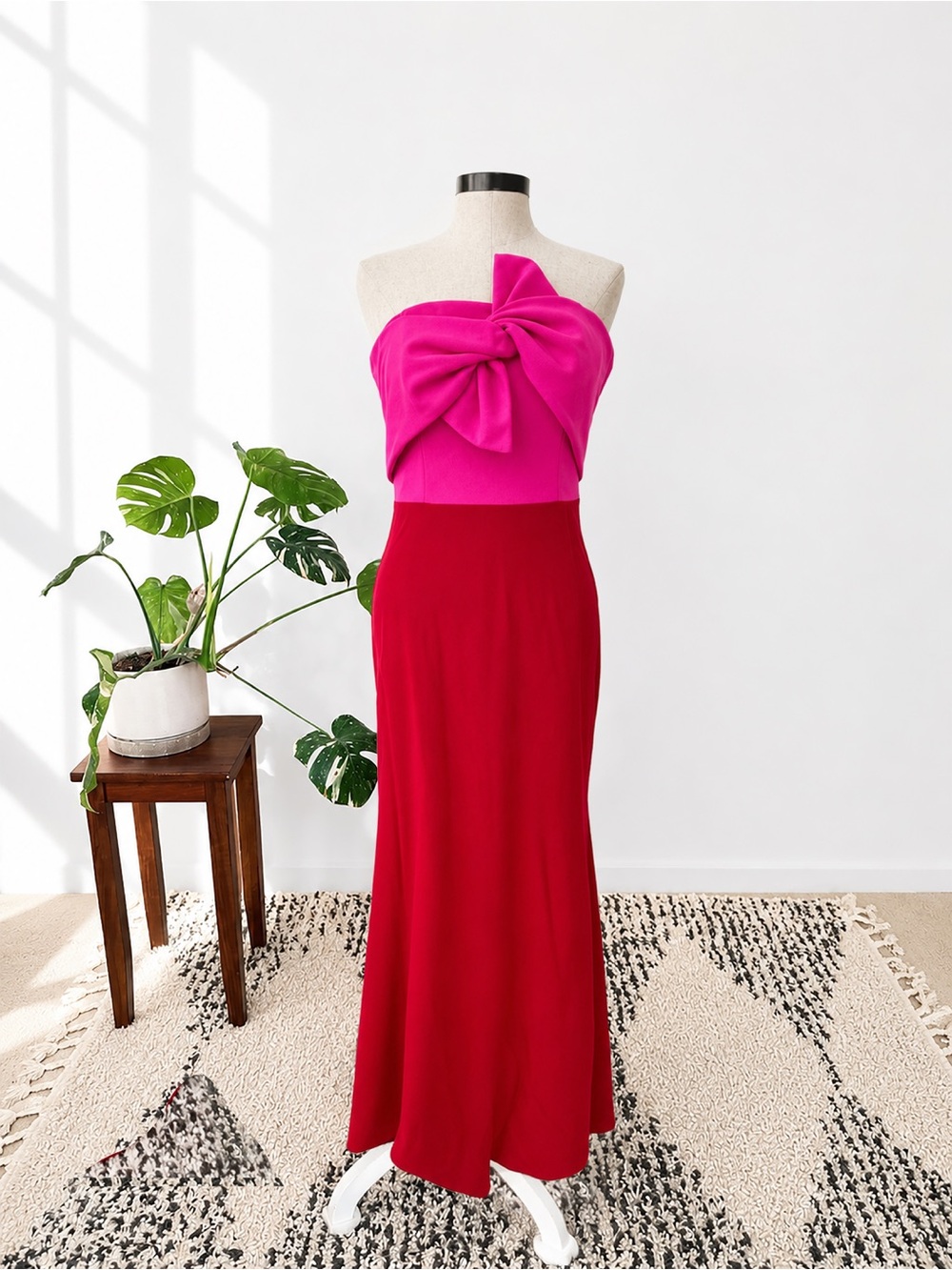 Aqua Strapless Two-Tone Bow Gown in Fuchsia and Red Colorblock